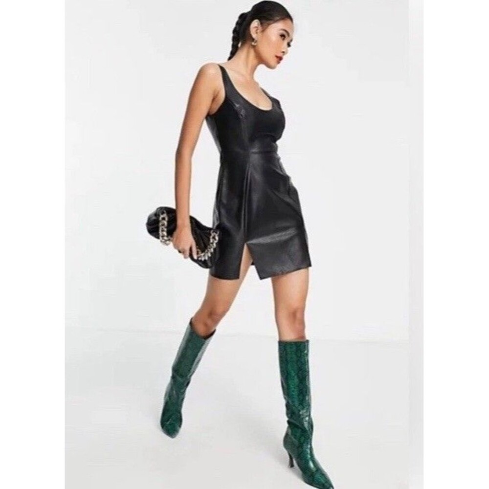 ASOS 6 Black Dress Leather Slip Mini Moto Biker Goth Square Neck Tank Short